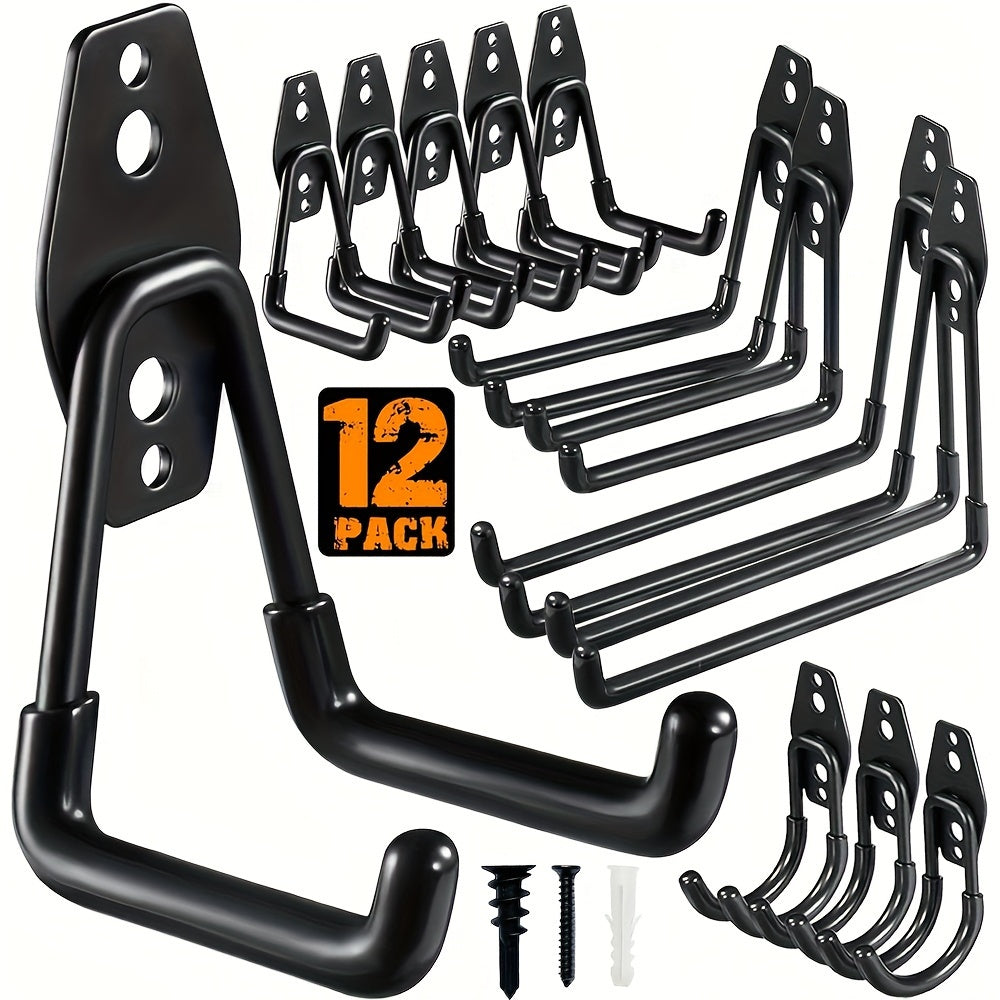 12 heavy-duty steel garage hooks for organizing power tools, ladders, bikes, and more equipment. Ideal for garage organization and storage.