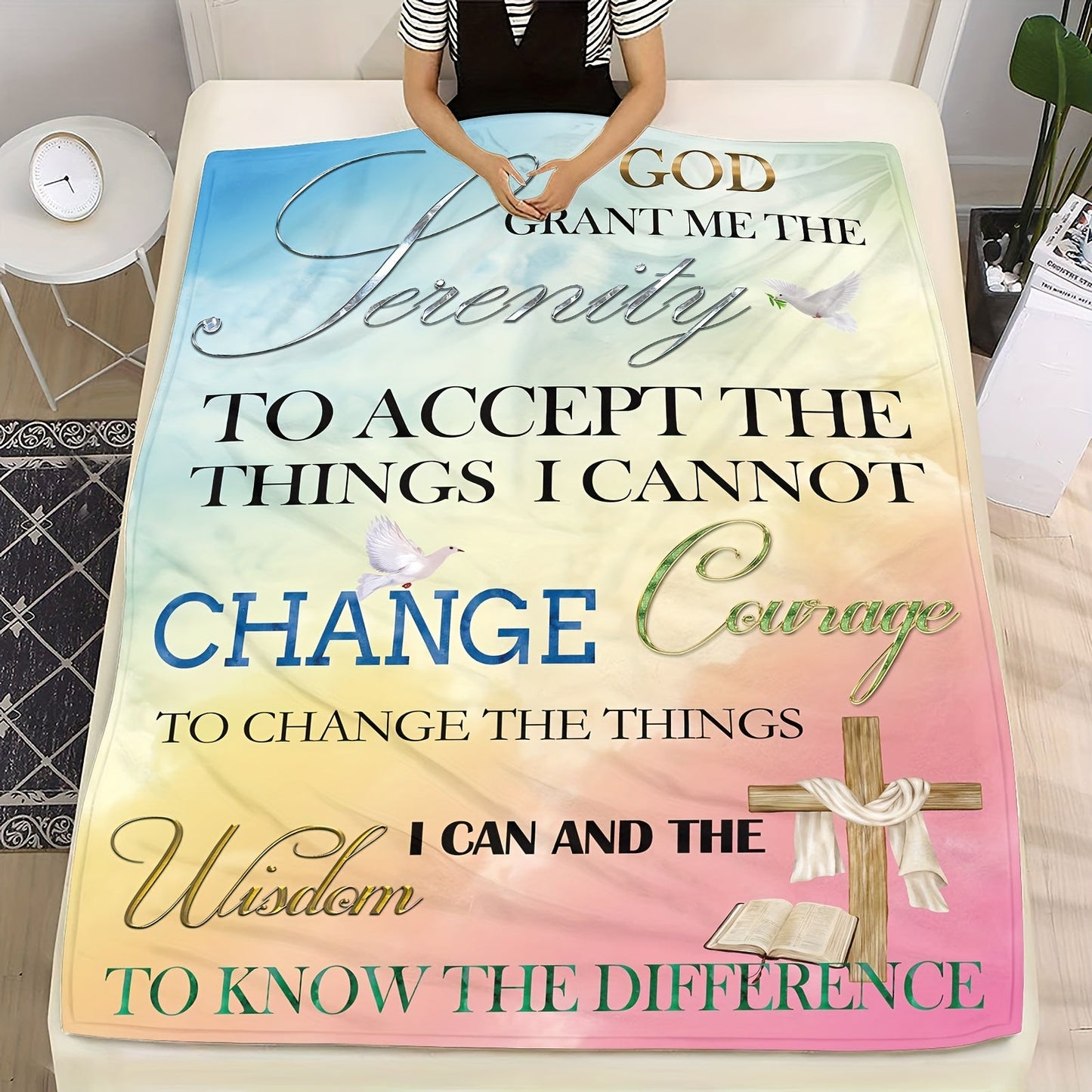 Soft and warm fleece blanket featuring the Serenity Prayer, perfect for all seasons. This multipurpose knitted polyester throw is ideal for beds, sofas, and travel.