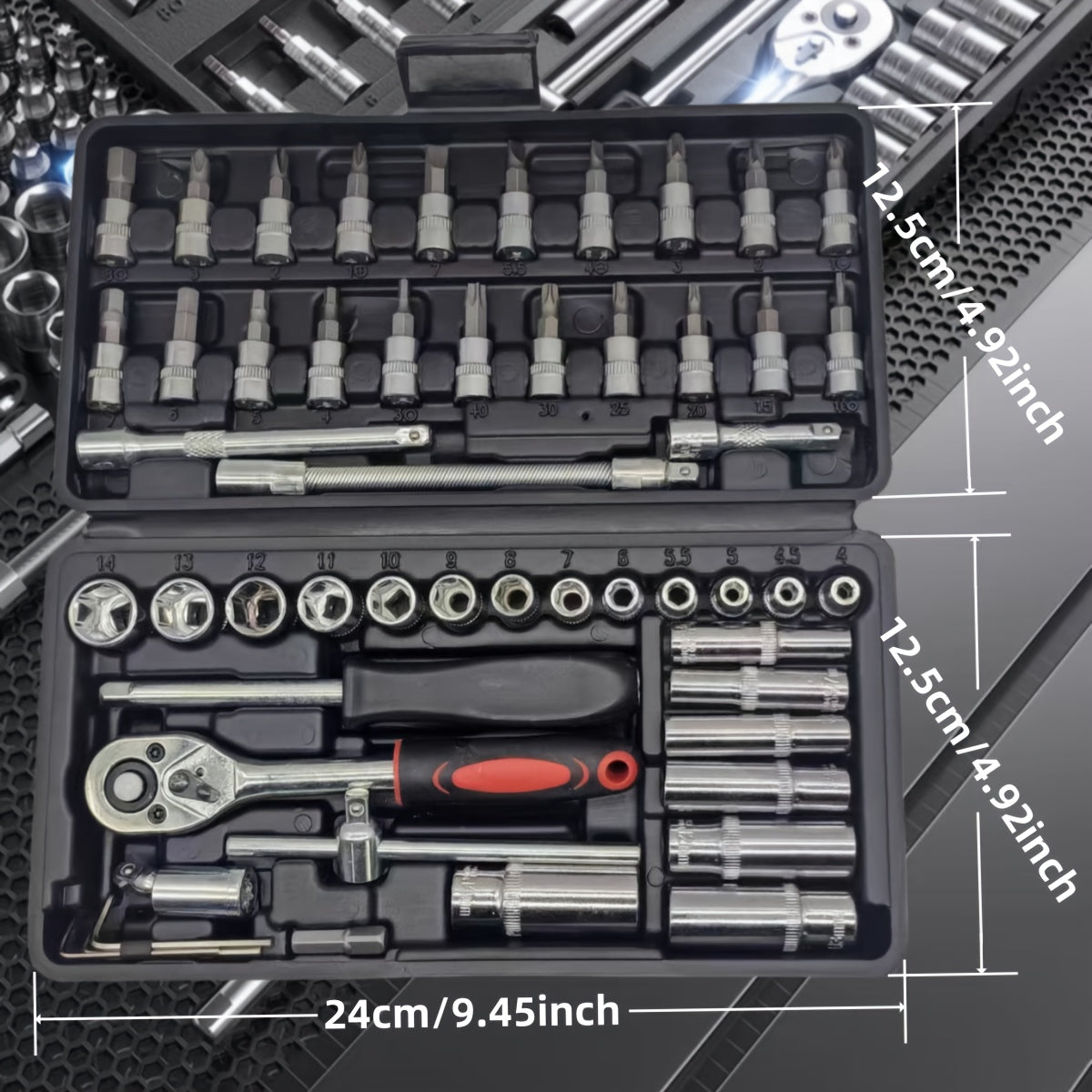 Multi-function tool set made of Chrome Vanadium Steel for various repairs on vehicles and bicycles, including ratchet spanner, sockets, screwdriver bits, and extension rods. Comes with a