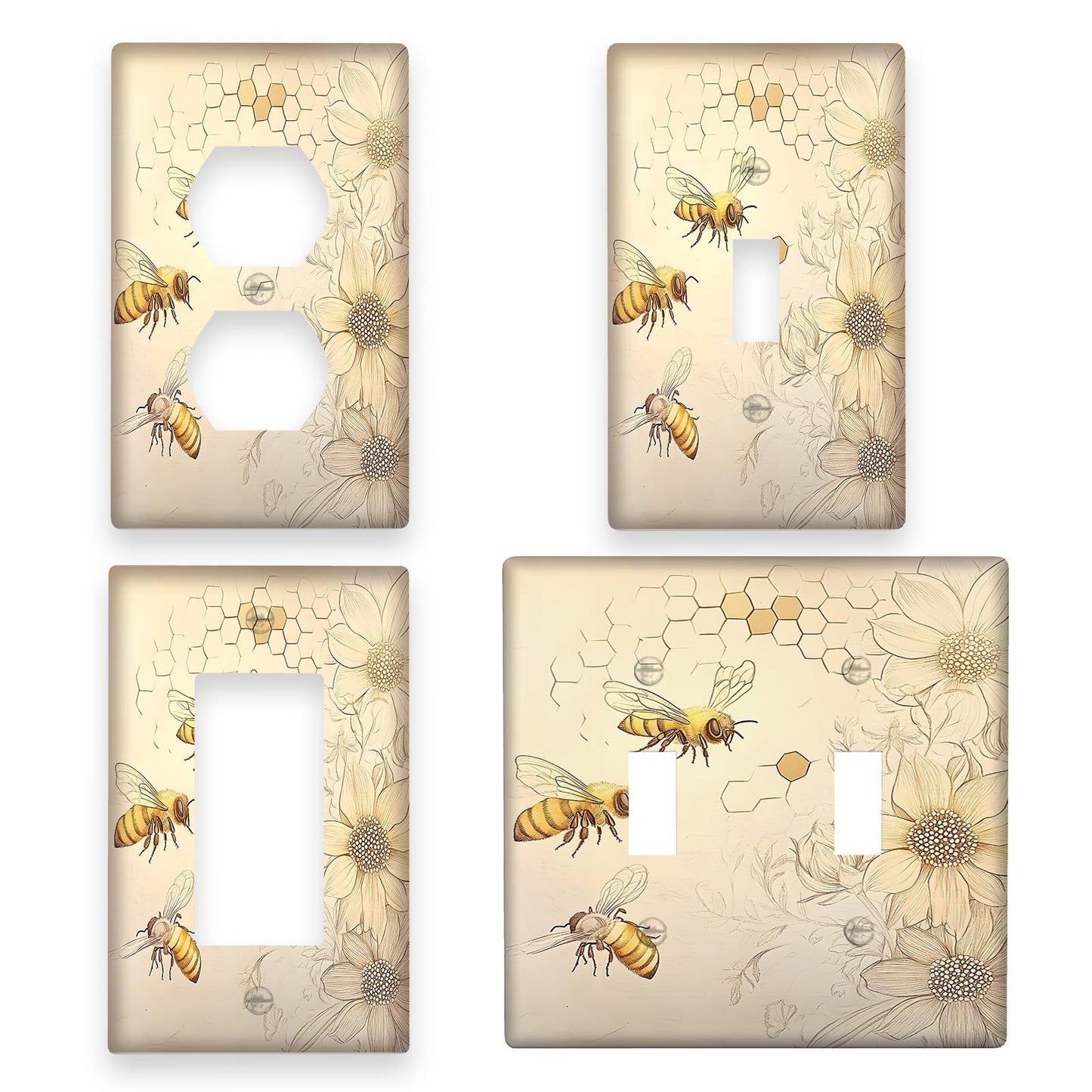 One sunflower and bee decorative wall plate for single toggle light switch and outlet cover, nature-inspired design for home, office, and hotel decor. Available in 1 or 2 gang configurations for power outlets and kitchen use.