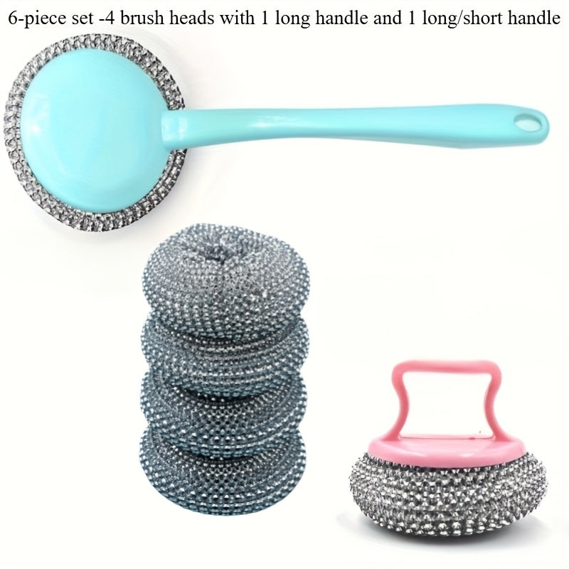 Introducing a 6-piece stainless steel brush set, which includes 4 brush heads, a long handle, and a short handle. This set is perfect for cleaning kitchens, bathrooms, and toilets. It also comes with heavy-duty steel wool scrubbing pads and a manual