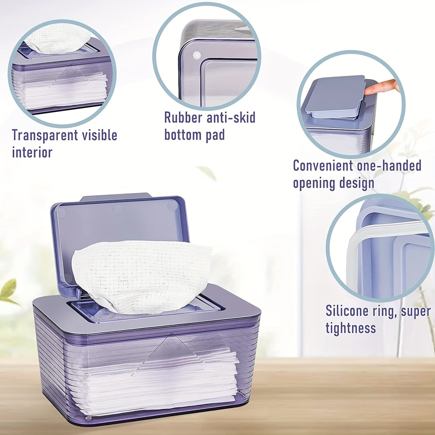 A non-slip wipe dispenser designed to keep wipes fresh and easily accessible.