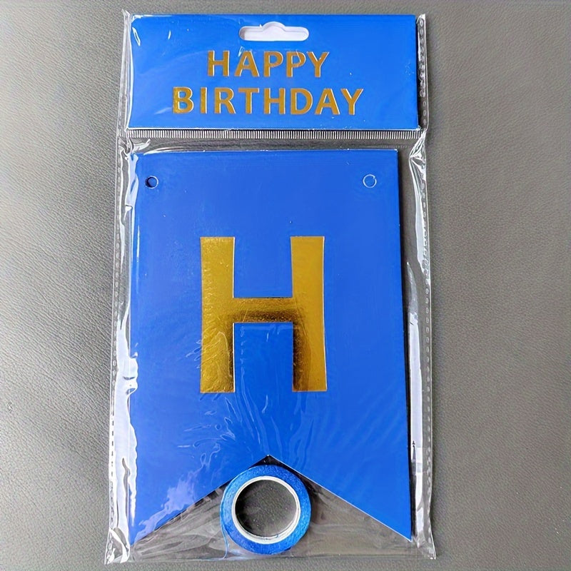 1 piece of English gilt Happy Birthday dovetail flag alphabet banner for birthday party decorated with triangle fish tail flag.