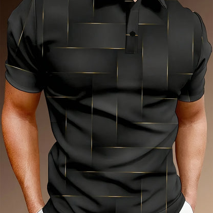 Men's stylish black and golden geometric print short sleeve shirt with button-up collar, digital printing, and made of a polyester blend for all-season wear. Ideal for casual golf