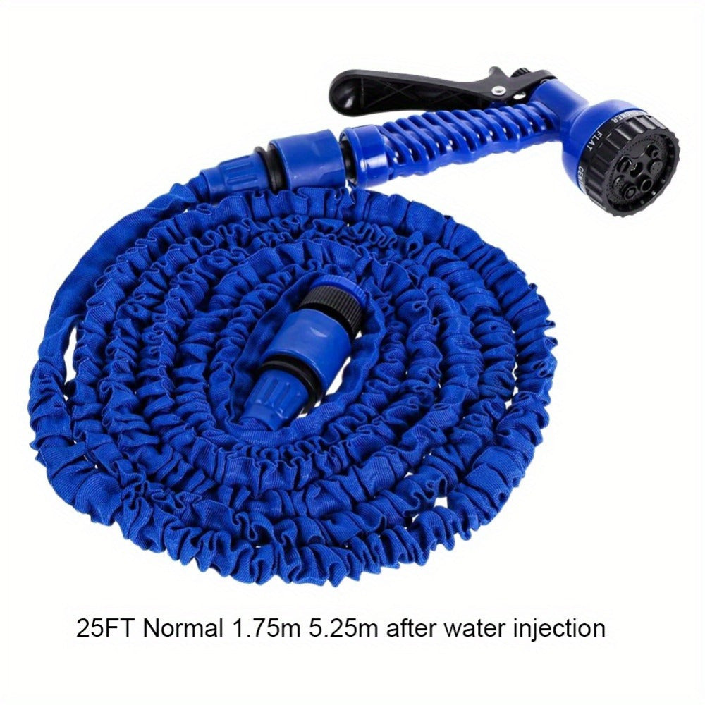 Blue garden hose with adjustable spray gun, durable and flexible for various tasks like watering plants, car washing, lawn care, and home cleaning. Compatible with G1/2" connector.