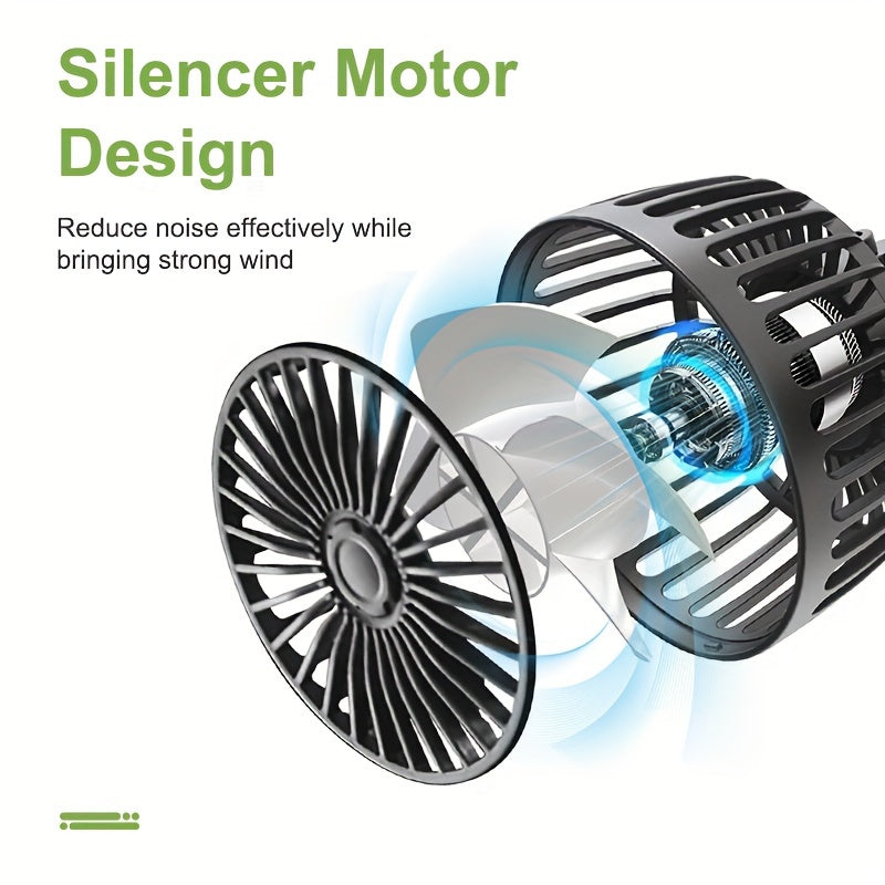 This car fan features dual-head rear fans that provide powerful airflow with 3-speed settings and 5 blades. It has an adjustable angle with 360-degree rotation for high air volume and low noise operation. The fan effectively promotes air circulation