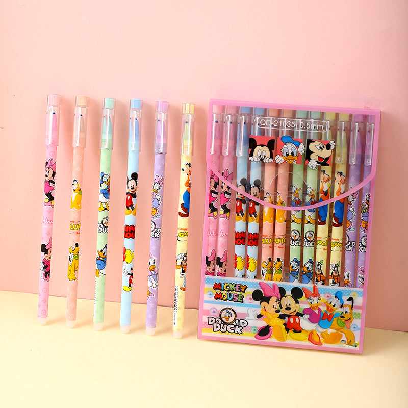 1 pack of Mickey Mouse gel pens with erasable ink, 0.5mm medium point, assorted cartoon designs, ideal for school or office.