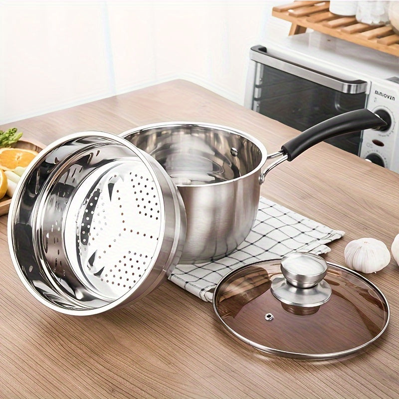 Pair of Stainless Steel Steamers with Basket, Multi-Level Steamer for Different Stoves, Kitchen Steaming Tools, No Electricity Required