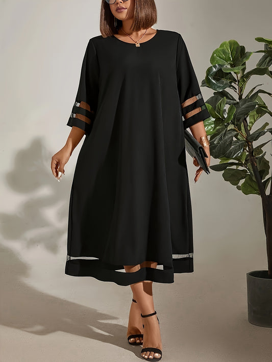 Elegant plus size midi dress with mesh panels, short sleeves, round neck, solid color, woven fabric, non-stretch, seasonal for all four seasons - WW24024#