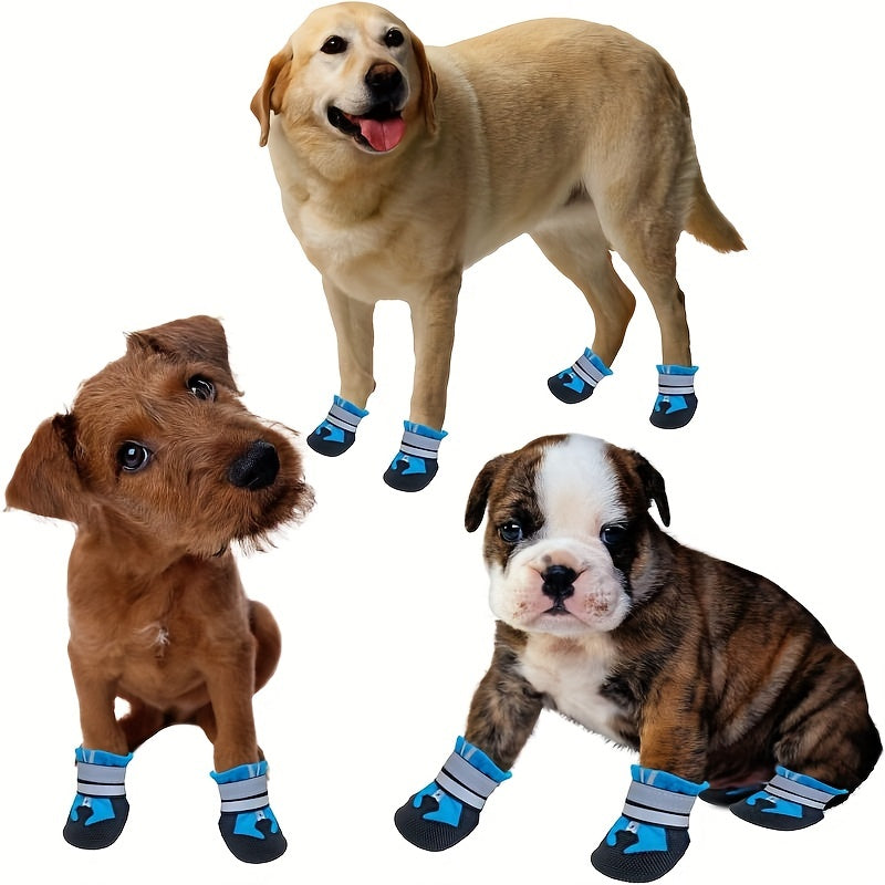 4 waterproof dog boots with reflective straps keep your dog's paws safe and dry.