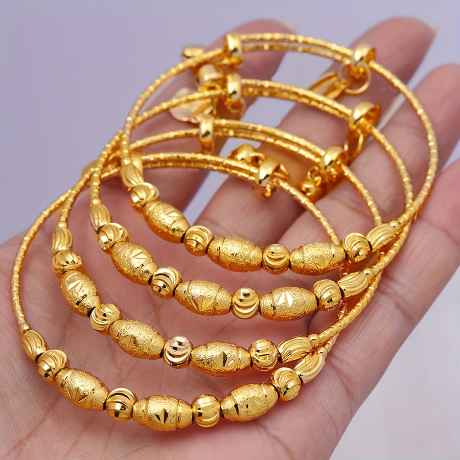 Set of 2 Adjustable Bangles in 24k Gold Plating with Beads, Traditional Middle Eastern Design, Perfect for Bridal Wedding Jewelry for Women