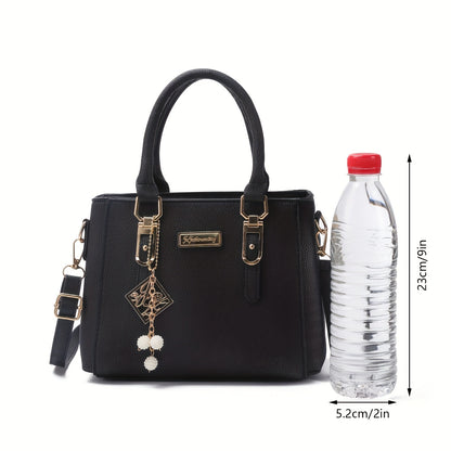 Women's Fashion Black Imitation Handbag with Lattice Pattern, Spacious and Multifunctional, Adjustable Shoulder Strap, Zipper Closure, Ideal for Daily Commuting, Light Luxury Style