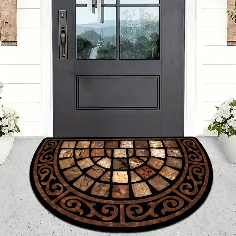 Indulgent Retro Half-Circle Velvet Door Mat with Anti-Slip Backing - Classy Mosaic Design, Perfect for Entryway, Bedroom, Kitchen, Bathroom - Easy to Clean, Made of 100% Polyester, Bathroom Rug, Great for Thanksgiving