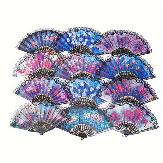 12 Black Lace-Trimmed Hand Fans with Vintage Floral Design, Perfect for Summer Chinese Style, Women, Dance Performances, and Photo Props.