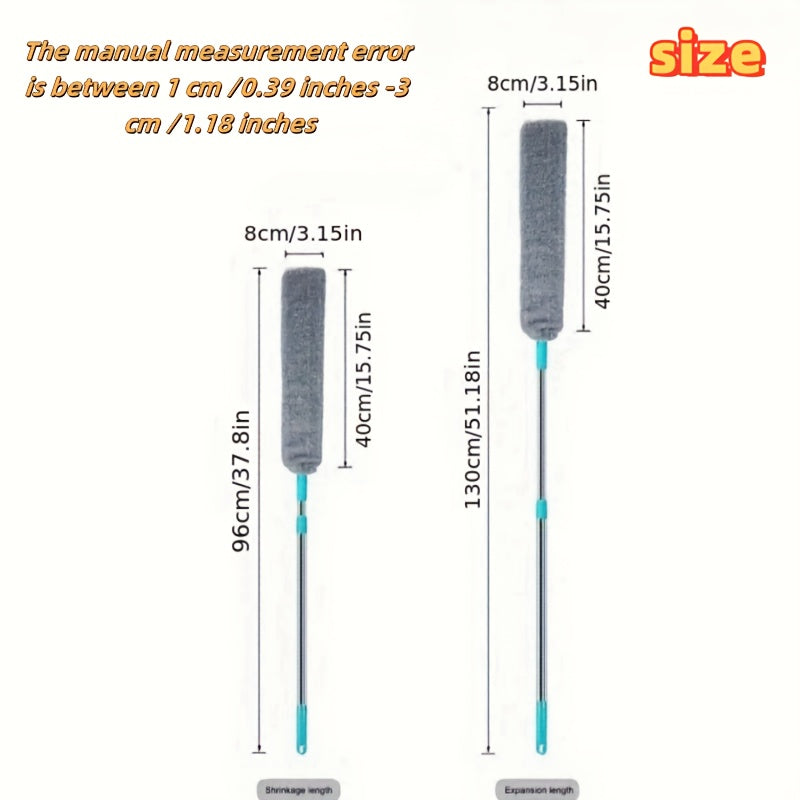 One versatile retractable dust duster with adjustable length, perfect for cleaning the bedroom, carpet, walls, living room, and yard. Includes two replaceable pads. Made of durable plastic with a blue handle, this indoor dusting aid features a telescopic