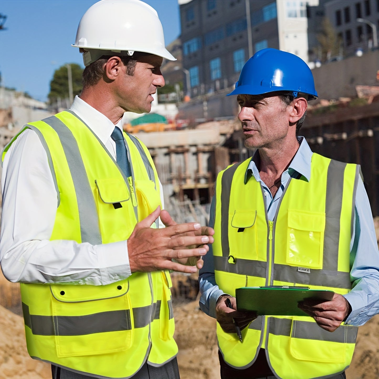 Stay safe and visible in ANSI/ISEA certified reflective safety vest with 8 pockets and zipper.