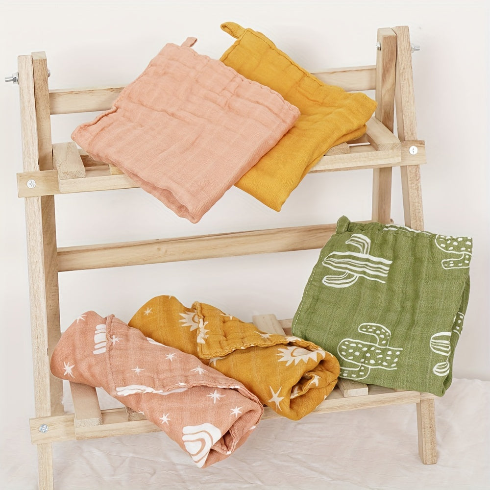 Set of 5 Bamboo Muslin Square Towels, 4 Layers of Soft Bath Towels, Featuring Cute Prints and Solid Colors - Perfect for Burp Cloths