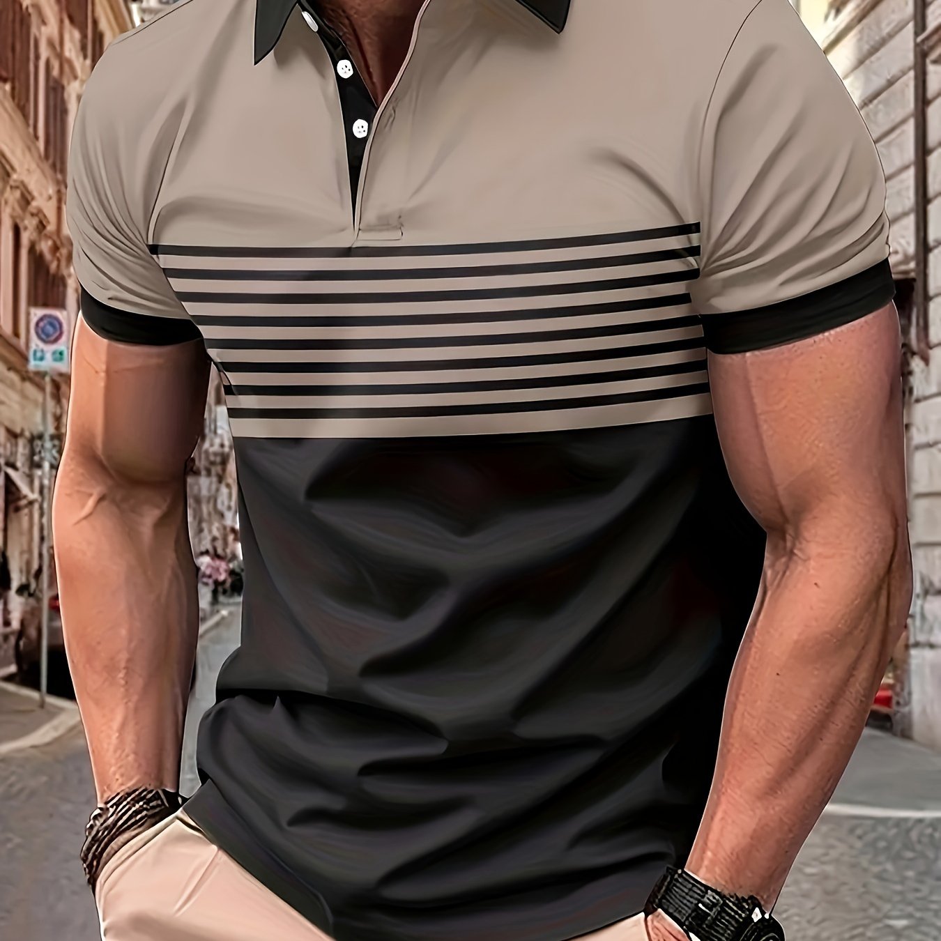 Men's short sleeve shirt with color block 3D print, lightweight polyester blend for golf and summer streetwear, featuring contemporary style and spandex elasticity. Suitable for outdoor