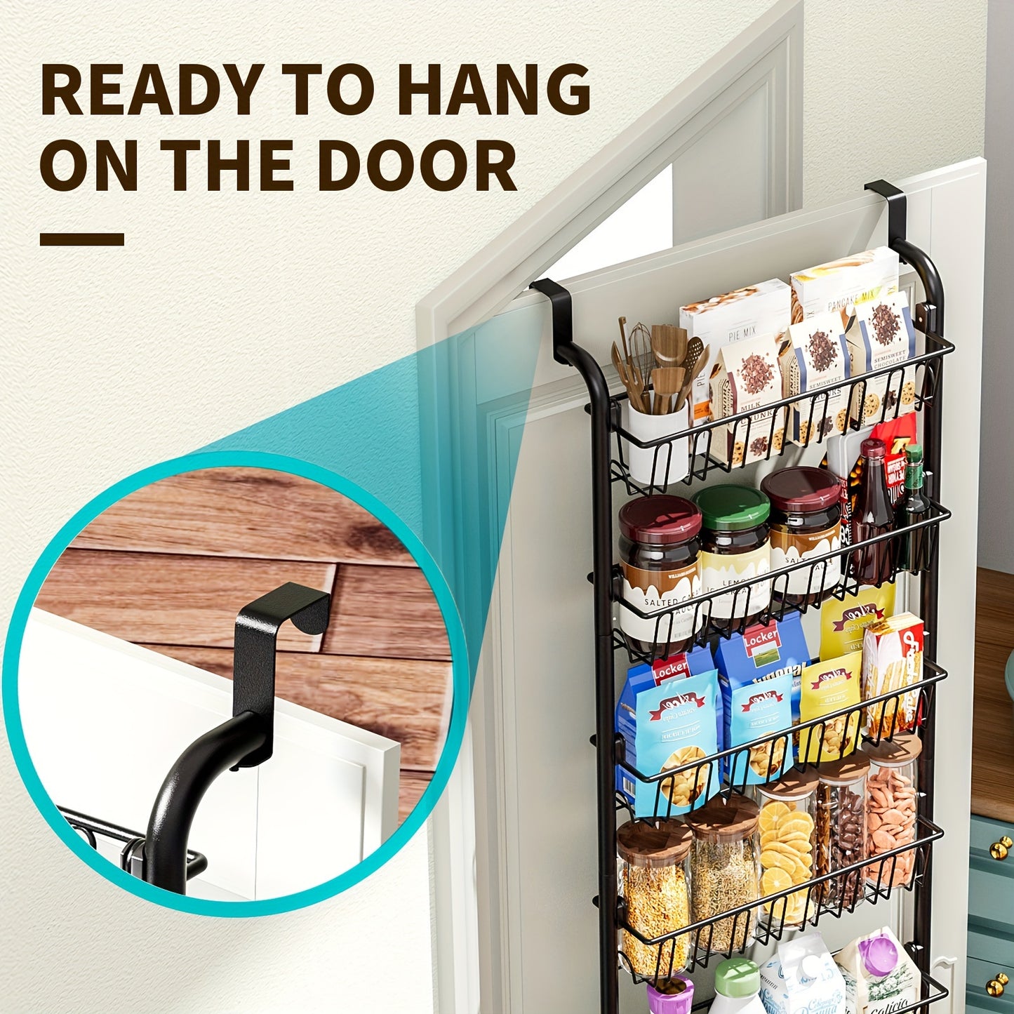 1pc Classic Black Metal Over-the-Door Pantry Organizer with 6-Tier Heavy-Duty Storage Rack for Easy Kitchen Essentials Organization.