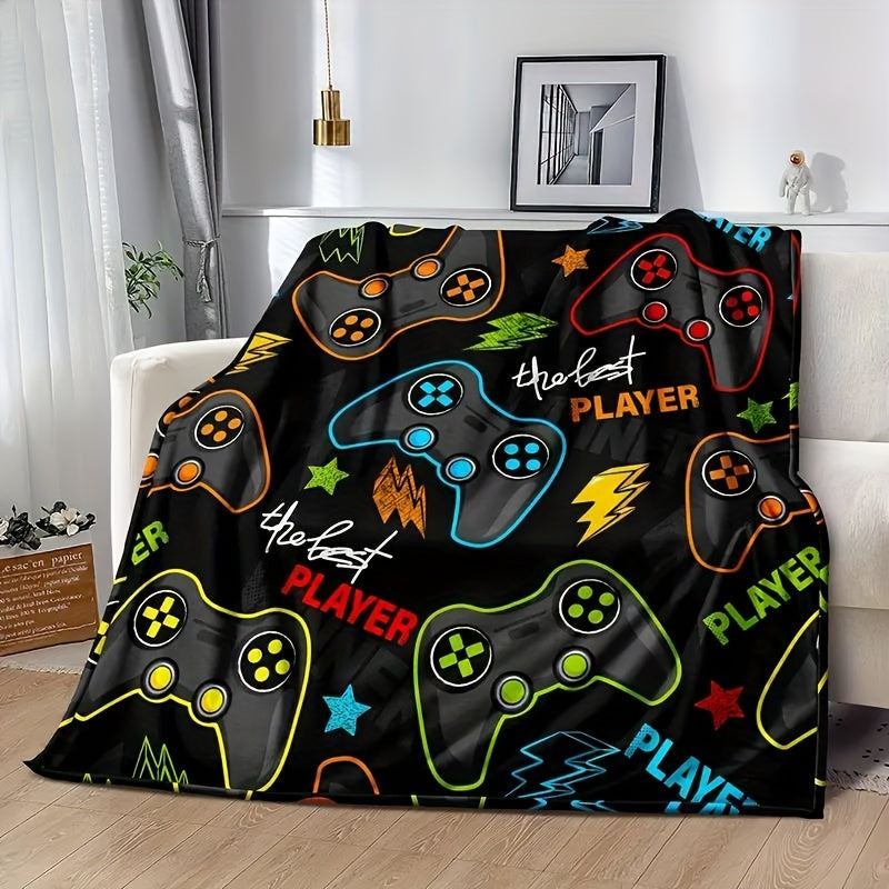 Soft and plush gaming controller throw blanket made from ultra-soft knit material - perfect for couch, office bed, and travel. Stain-resistant and cozy, this all-season comfort blanket features a fun computer game controller pattern. Set includes 1