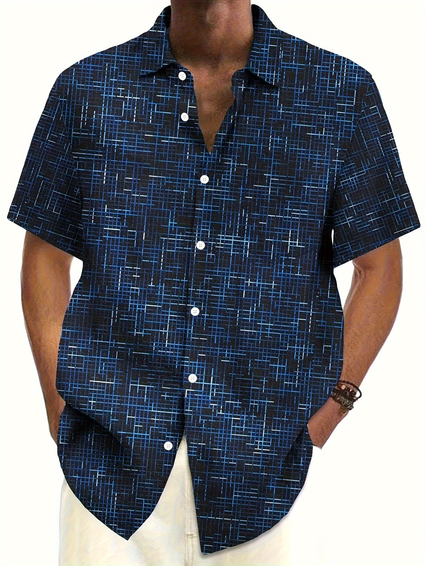 Trendy plus size men's checkered graphic print shirt for summer, with short sleeves.