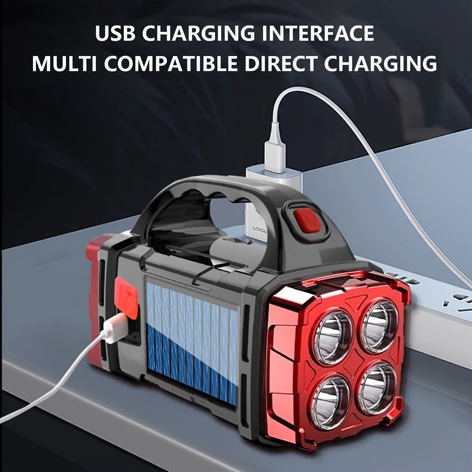 Multi-functional LED flashlight with solar and USB recharge options, polished tactical finish, 4 brightness levels, COB work light feature, 1500mAh Ni-MH battery, portable camping lamp with