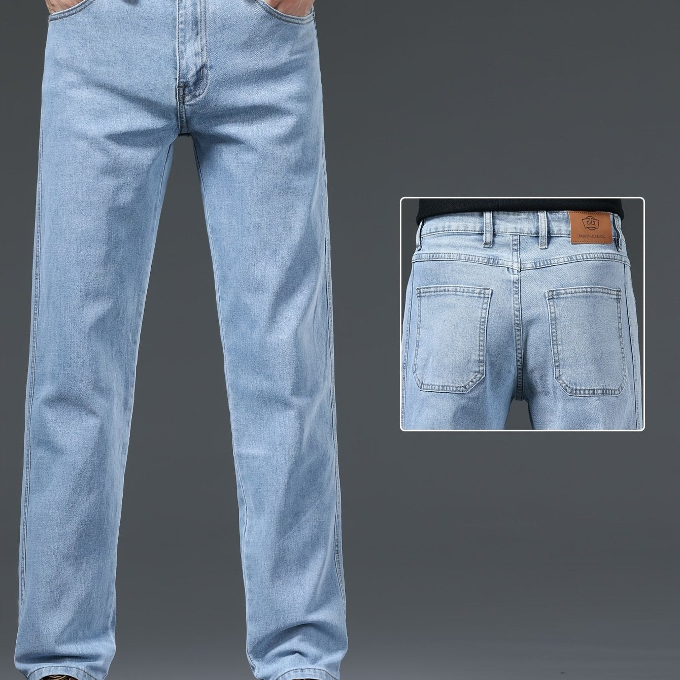 Men's solid denim pants with pockets, casual breathable cotton blend straight leg jeans for outdoor activities.