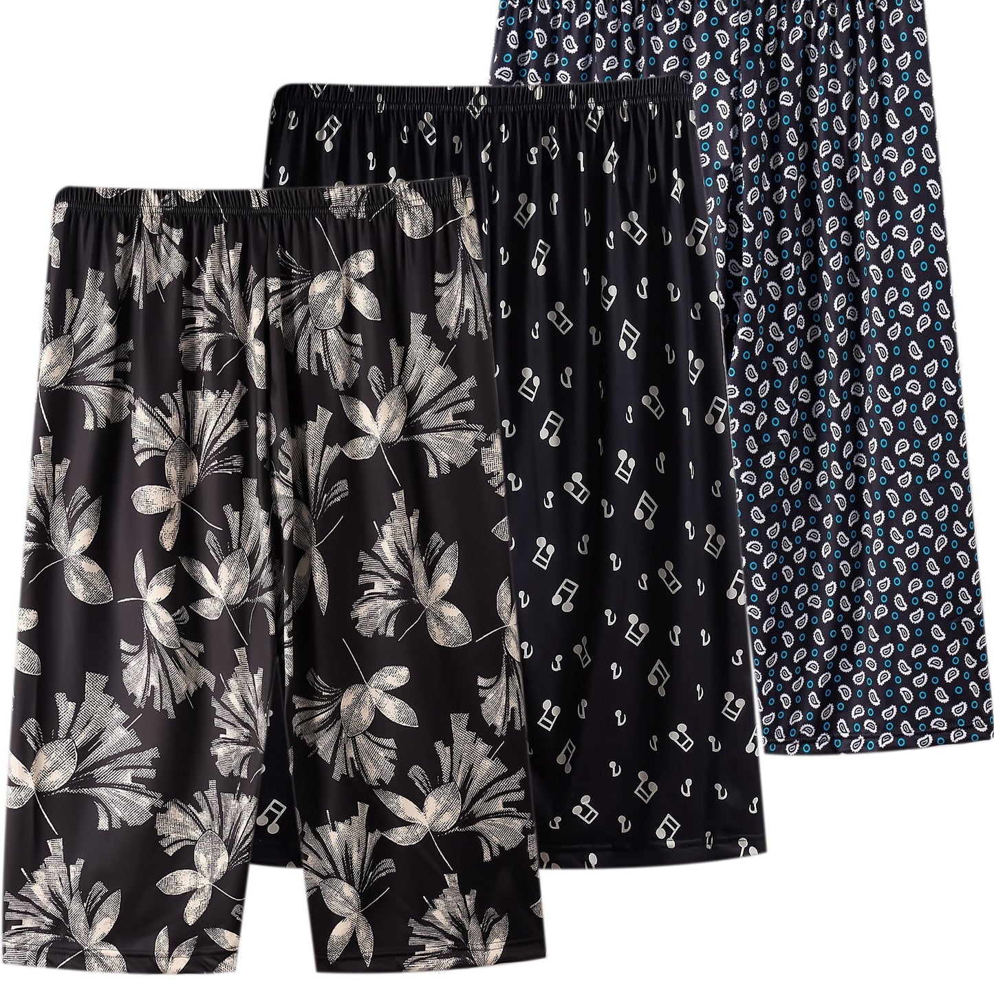 3 women's plus size floral print sleep shorts with elastic waist and loose fit.