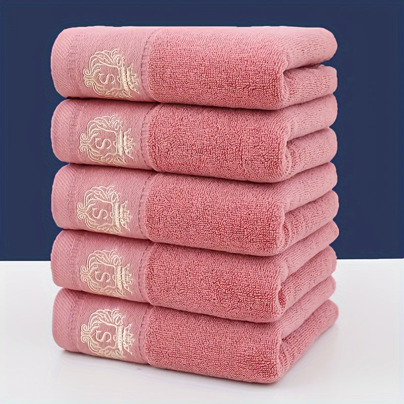 Contemporary monogrammed hand towels with embroidered character design, 5-pack. Quick-dry and absorbent, 390 GSM luxury towels for bathroom.