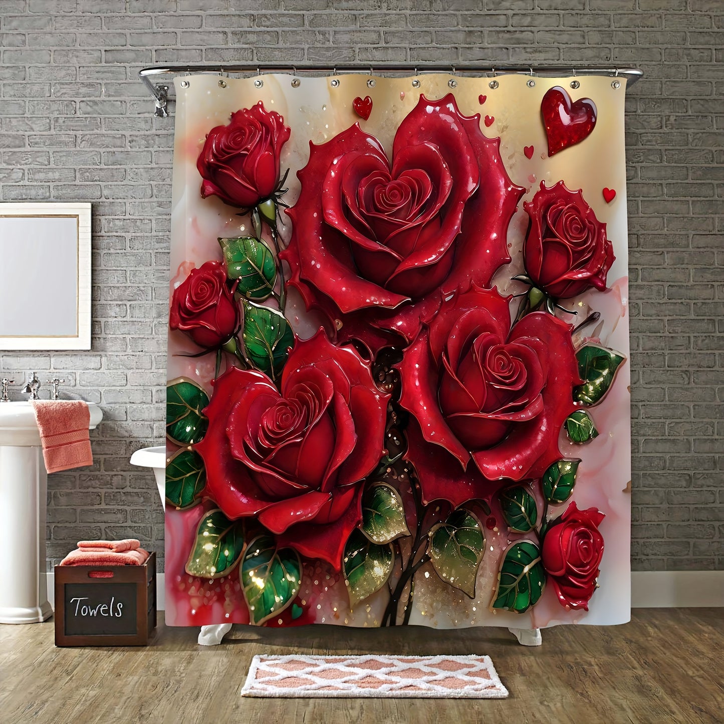 Valentine's Day bathroom set with red rose shower curtain, 12 hooks, non-slip bath rug, U-shape mat, and toilet lid cover pad.