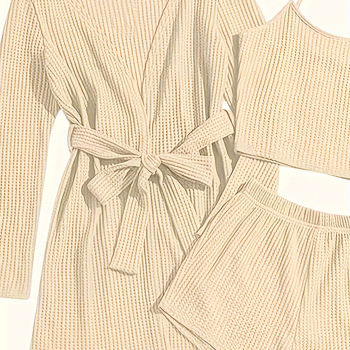 Women's comfy waffle lounge set with robe, crop top, and shorts for summer home wear