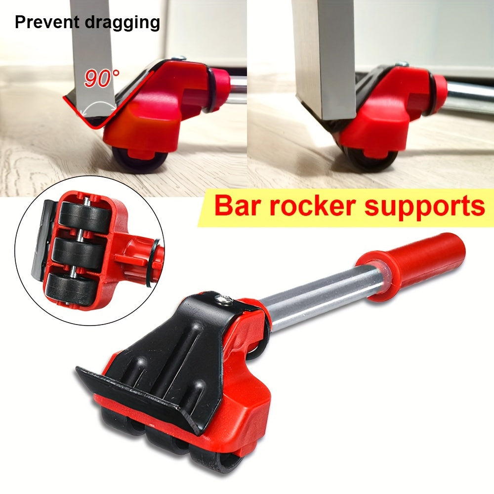 5-piece set of heavy duty furniture lifter mover rollers with wheel bar for easier furniture moving.