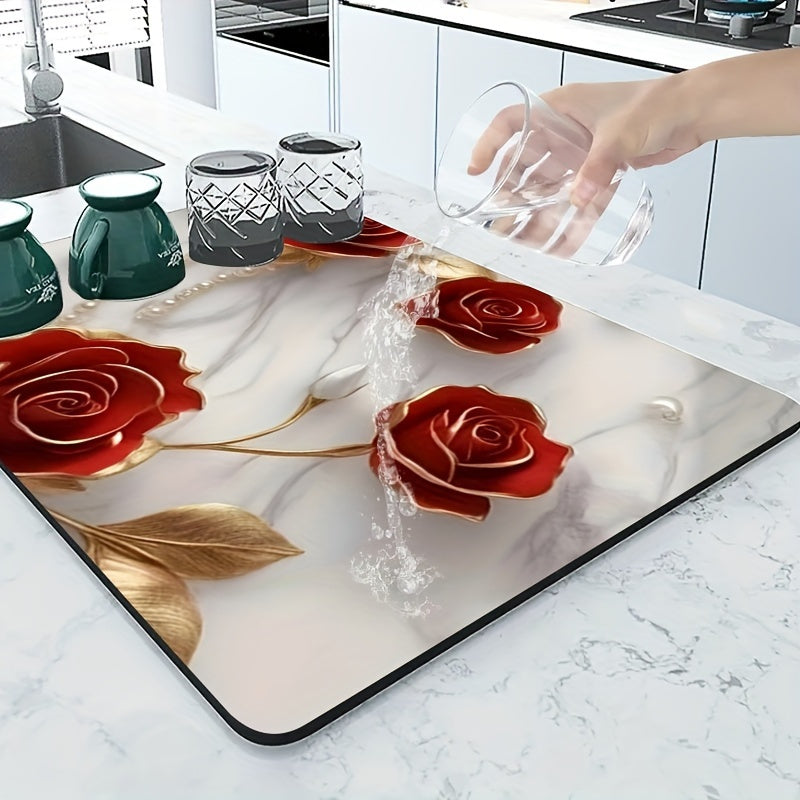 Black 3D Rose Design Dish Drying Mat with Super Absorbent Non-Slip Rubber Backing - Perfect for Kitchen Countertops, Coffee Machines, and More. Made with Synthetic Fiber Cover and Silicon Dioxide Filling. Great for Holidays such as Christmas