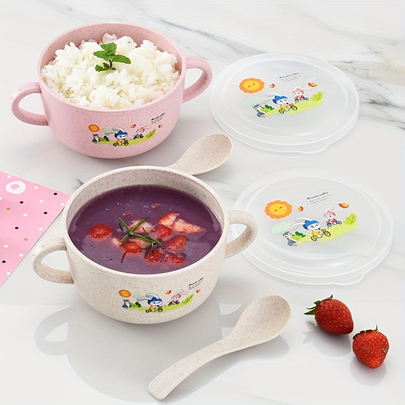 Cartoon-themed bowl with cutlery, insulated to prevent spills, featuring double handles and a lid. This versatile eating bowl is microwavable and perfect for serving fruits or snacks.