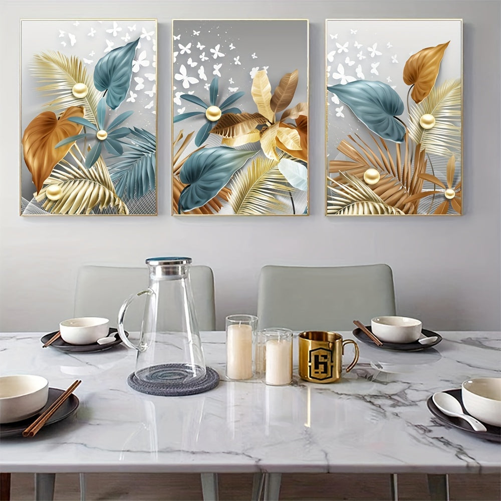 Luxury canvas print posters set of 3 featuring flower and leaf artwork for various rooms, no frames included.