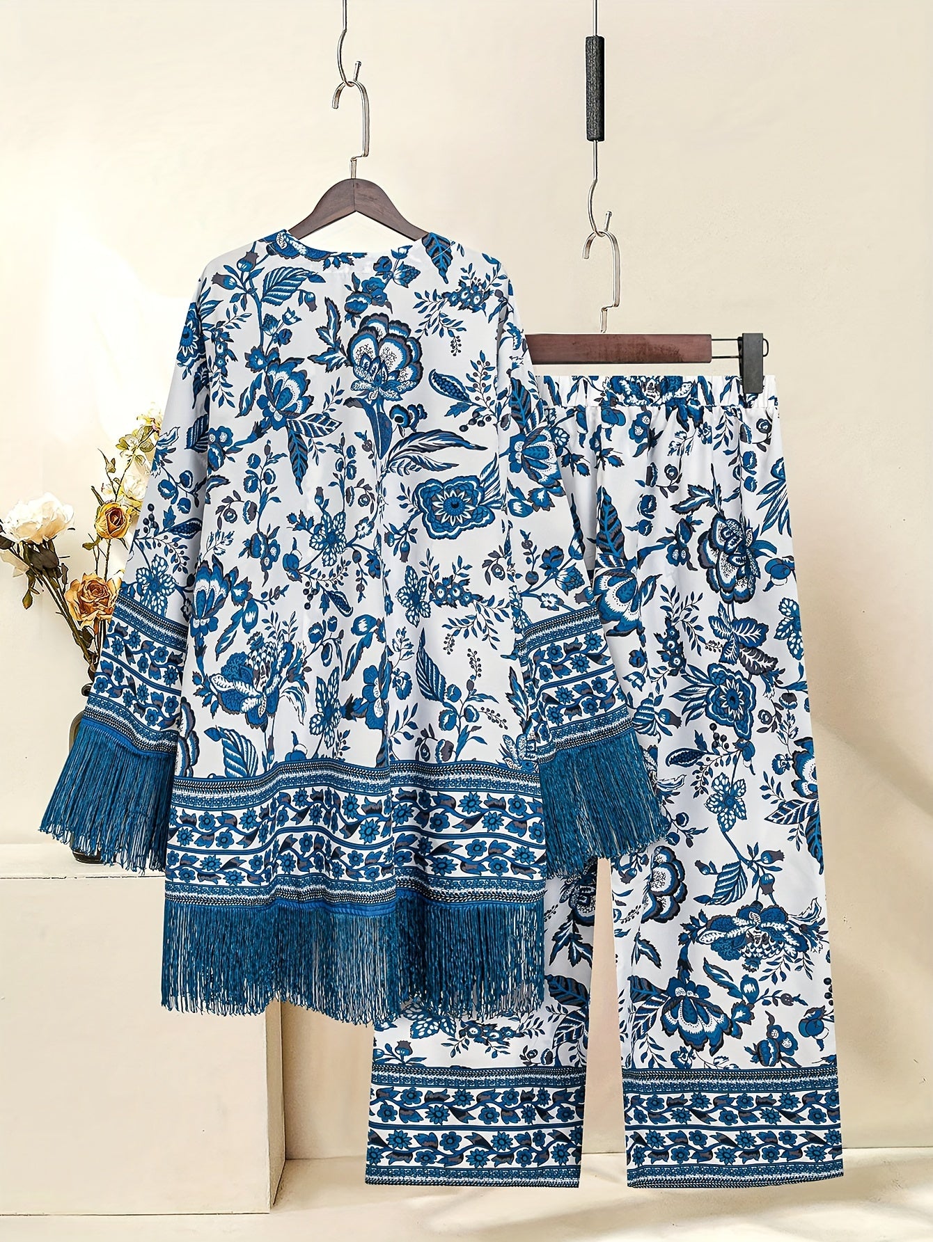 Floral Print Fringe Two-piece Set, Vacation Style Long Sleeve Top & Pants Outfit, Plus Size Women's Clothing