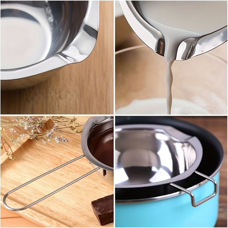 Stainless steel pot with dual nozzle handle for melting chocolate, butter, and cheese. Great for melting candy and candles, heated by water or wax.