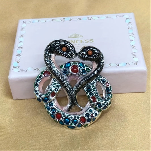 Vintage Zodiac Double-Headed Snake Brooch - Stunning Enamel Pin with Colorful Gemstones in Green and Gold, a Versatile Fashion Accent for Clothing and Chests, Unique, Multi-Colored Ornament