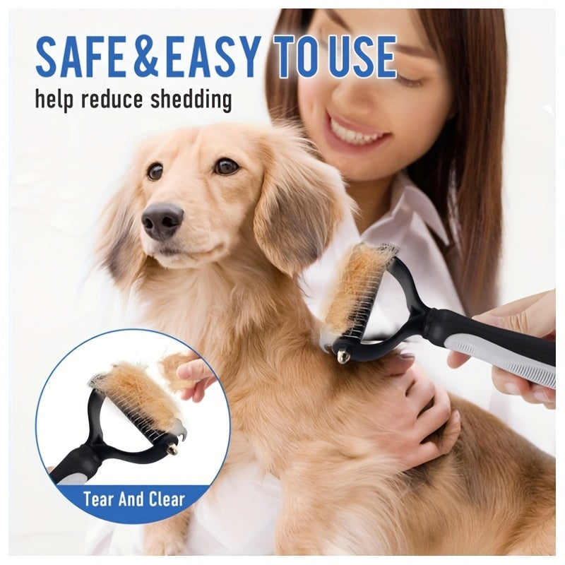 Dual-sided dog grooming brush removes knots and undercoat easily.