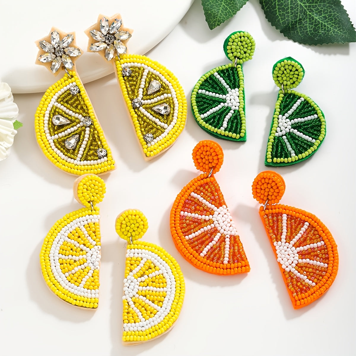 Handmade Beaded Fruit Earrings, Stylish Boho Design with Stainless Steel Post, Featuring Summer Lemon and Orange Motif. Perfect for Women's Fashion, Ideal for Daily or Vacation Wear.