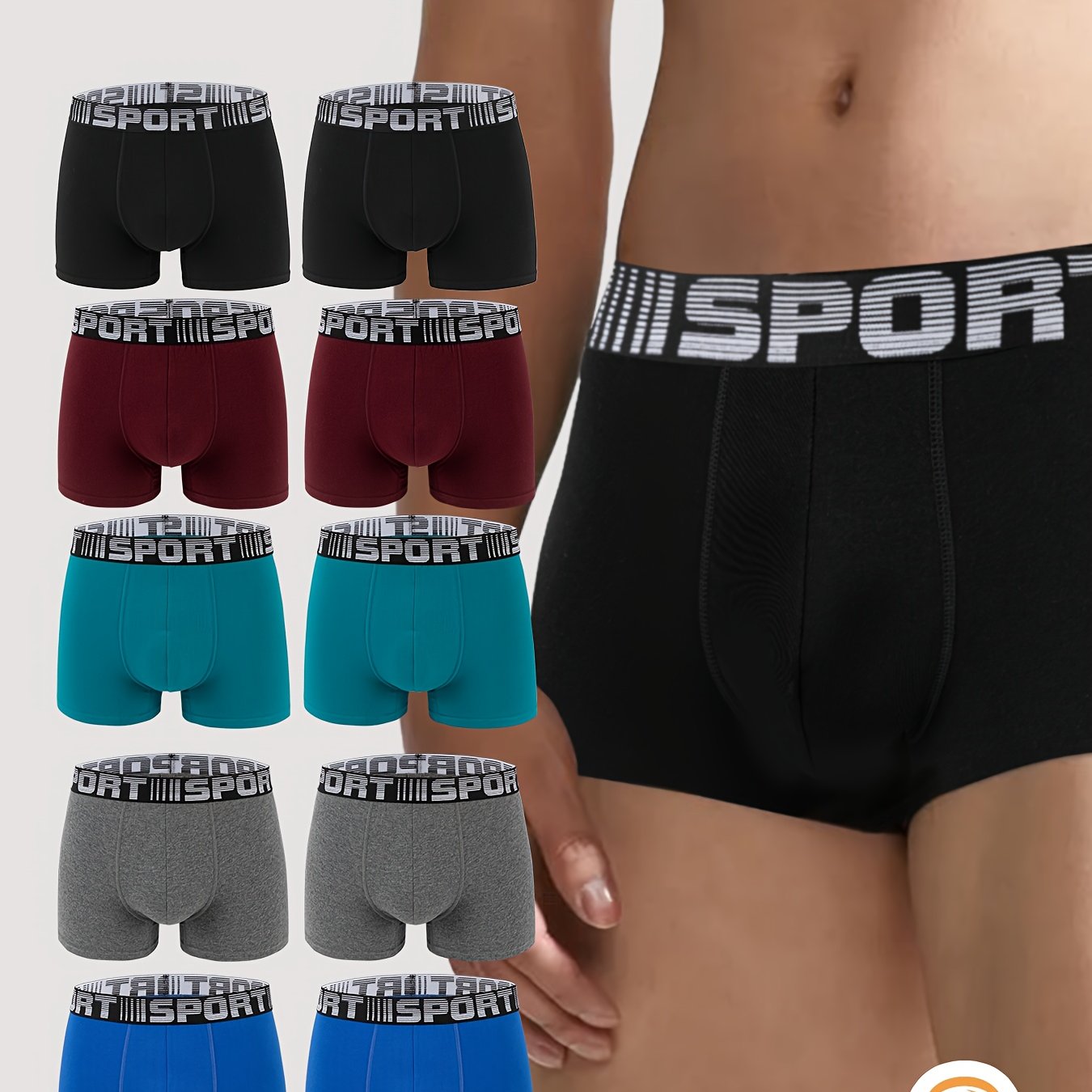 Men's cotton boxer shorts in mixed colors, available in packs of five or ten.