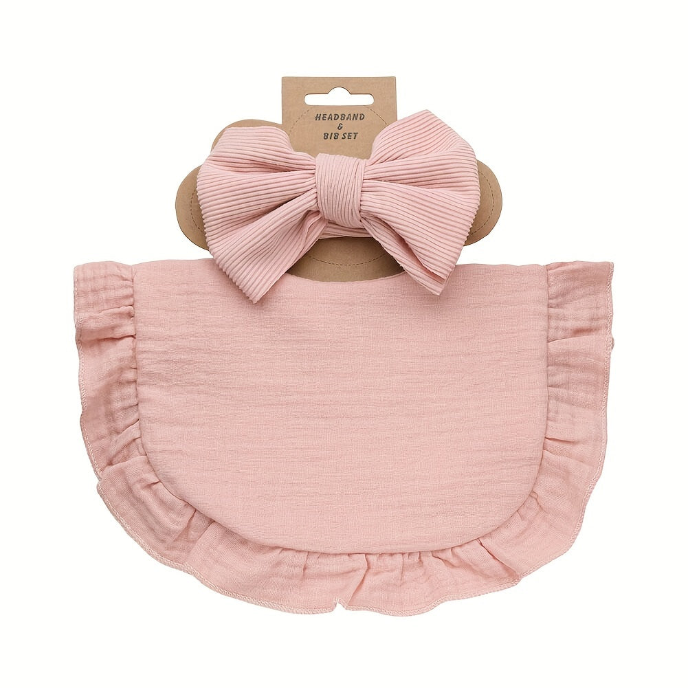 Set of 2 includes a lotus leaf bib and an elastic bow headband. The set also includes a plain color soft bib with snap button closure.