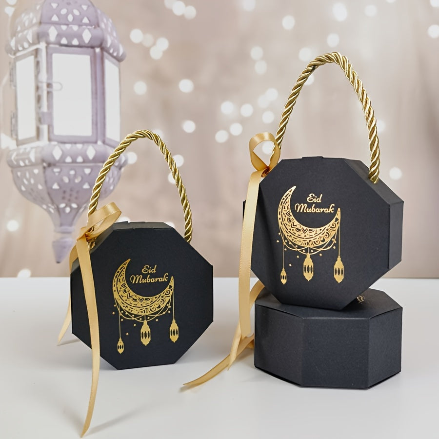 5 Eid Mubarak Candy Gift Boxes, Ramadan Kareem Paper Favor Boxes with Party Supplies for Muslim Holidays.