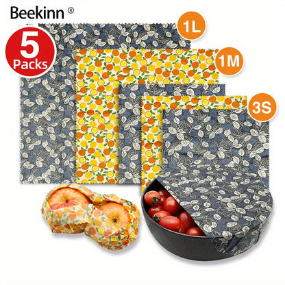 A 5-piece collection of eco-friendly Beeswax Food Wraps - Perfect for wrapping cheese, fruit, bread, snacks and more. These reusable wraps are non-stick and ideal for storing food in your kitchen pantry or refrigerator.