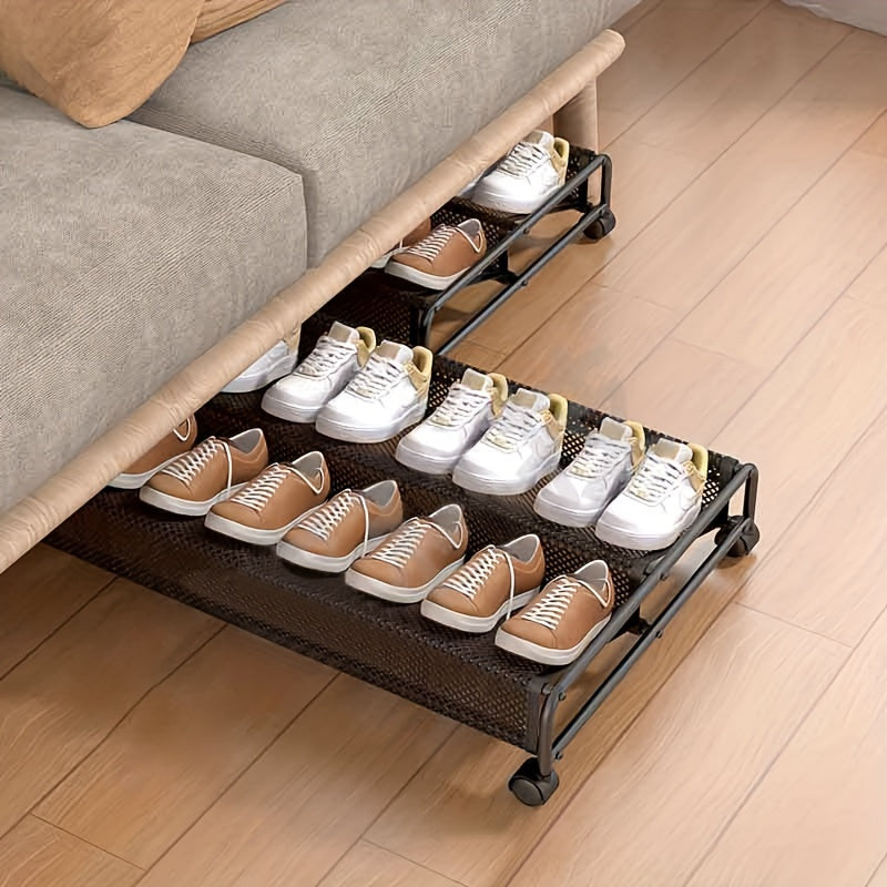 Keep Your Shoes Neat and Tidy with our Space-Saving Under-Bed Shoe Rack featuring 360° Swivel Wheels - Sturdy Metal Organizer for Effortless Shoe Storage and Organization, Convenient Sliding Design Perfect for Bedroom, Dorm, and Home Use