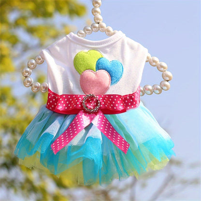 Pink and blue heart lips tulle dog dress, suitable for small to extra-small breeds in spring, summer, and fall.