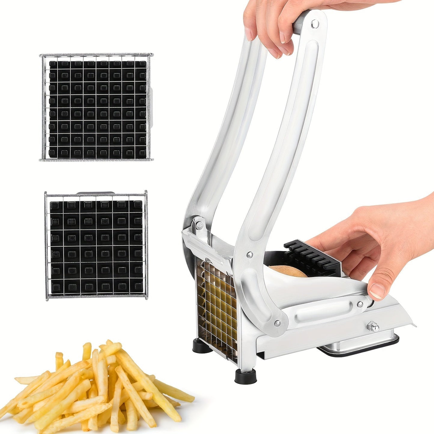 Home kitchen gadget for easy potato slicing, featuring a durable stainless steel French fry cutter with 2 interchangeable blades. Ideal for home use, this silver metal slicer is perfect for creating perfect fries every time.