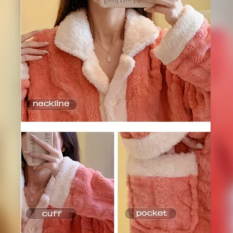 Soft and plush pink coral velvet women's bathrobe with contrast trim. Machine washable for cozy Autumn and Winter lounging.