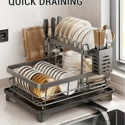 Black iron 2-tier kitchen dish rack with drainboard, utensil holder, cup hooks, and foldable design for space saving. Ideal for drying plates, bowls, pots, and cutlery.