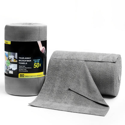 Roll of 80 Microfiber Cleaning Cloths, Tear-Away Non-Woven Nylon Towels, Extremely Absorbent Lint-Free Rags, 29.21cm x 29.21cm - Perfect for Household, Kitchen, Bathroom, Car, and Glass Cleaning